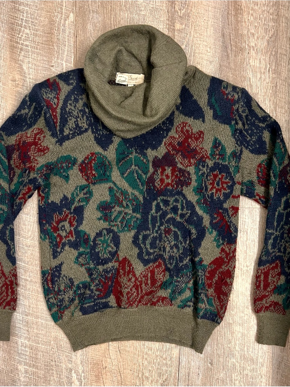 VTG Gucci Cozy Floral Cowl-Neck Sweater in Olive